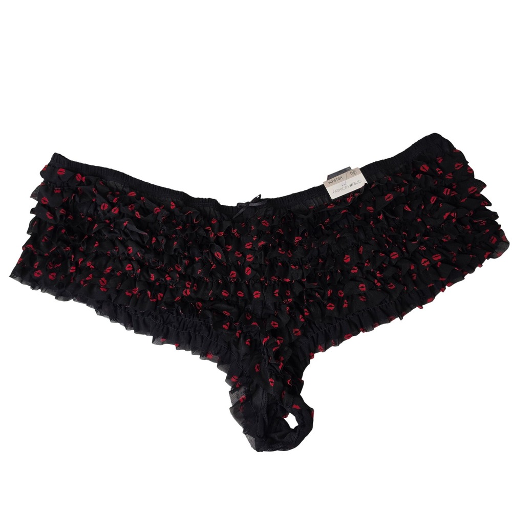 Fashion Bug Panties Womens 2X/10 Black Red Lip Print Hipster Ruffle Mesh 9377X